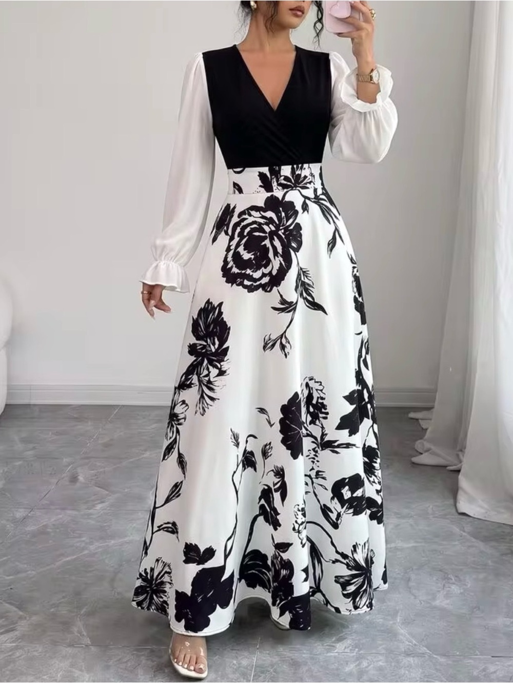Elegant Black & White Floral Long Sleeve Maxi Dress
